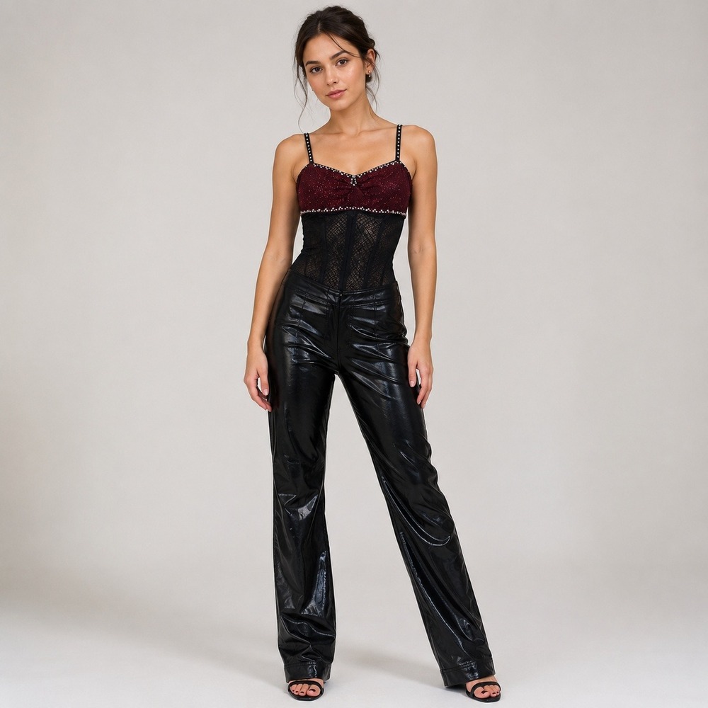 Showtime Creations Faux Leather Rhinestone Dance Costume Jumpsuit XS/S Lace Back